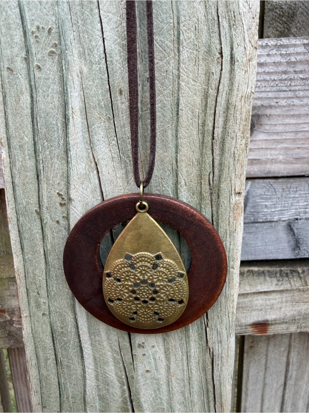 Boho Brown Wood & Brass Teardrop Pendant Necklace